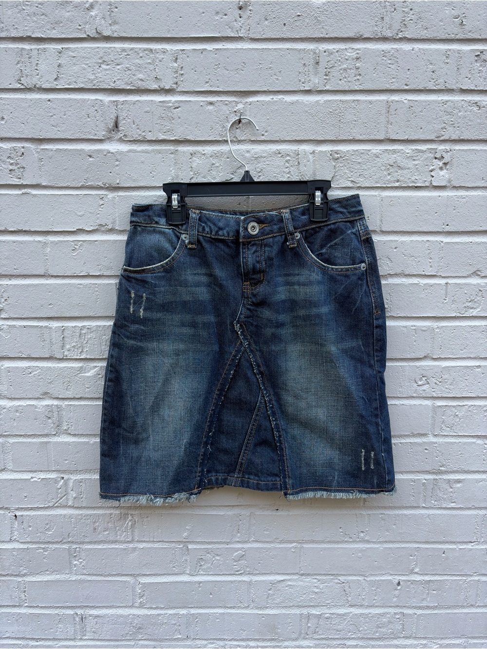 Vintage Y2k Mudd Denim A-Line Skirt with Frayed Hem - Blue